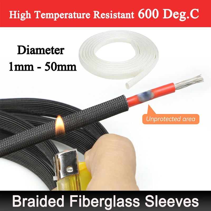 1M Fiberglass Sleeves 600 Deg.C Black White High Temperature Resistant Glass Braided Fiber Tube Wire Protect Wrap Sleeve