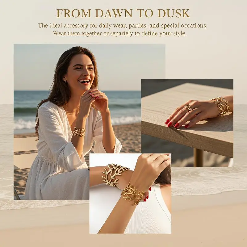 Women's 2 Pcs Gold Coral Branch Jewelry Set Polished Bangle Ring for Engagement Party Date Gift