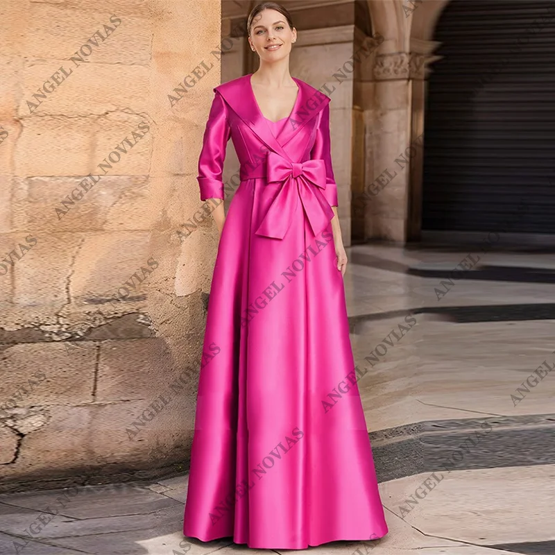 

Customized Long Arabic Satin Fuchsia Mother of the Bride Dresses with Sleeves Wedding Guest Dress vestido de festa de casamento