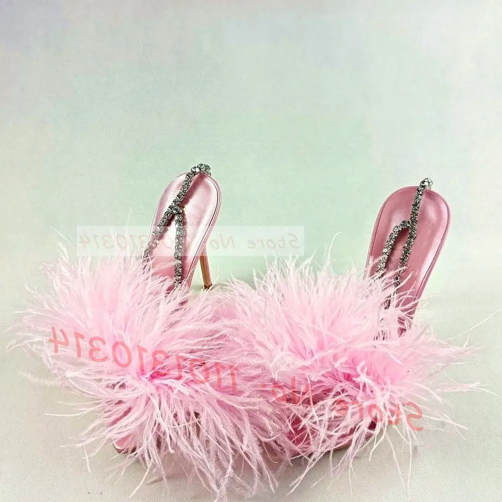 Pink Feather Crystal Wrap Sandals With High Heels Luxury Women Summer Sweet Shiny Shoes Design Ladies Luxury Elegant Sandals