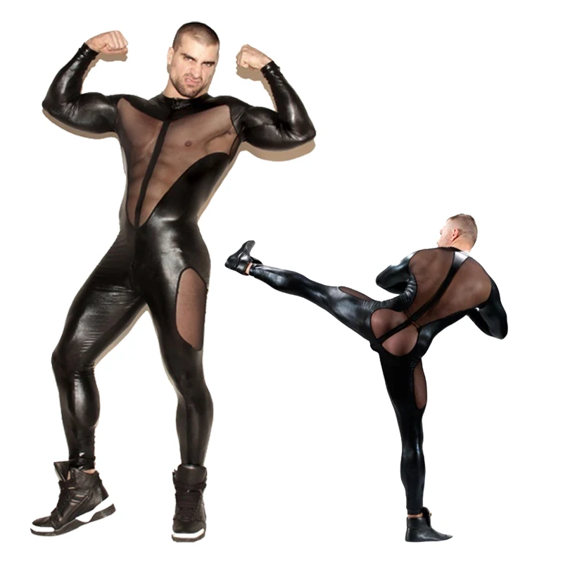 

Leather Stitching Mesh Zentai Suit for Men Sexy Jumpsuit Tight Bodysuit Erotic Adult Sexy Costumes