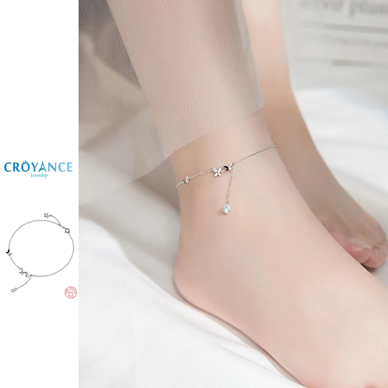 Luxury 925 Sterling Silver Jewelry Elegant Butterfly Zircon Chain Pendant Anklets Women Gift Elegant Beach Rhinestone Foot Chain