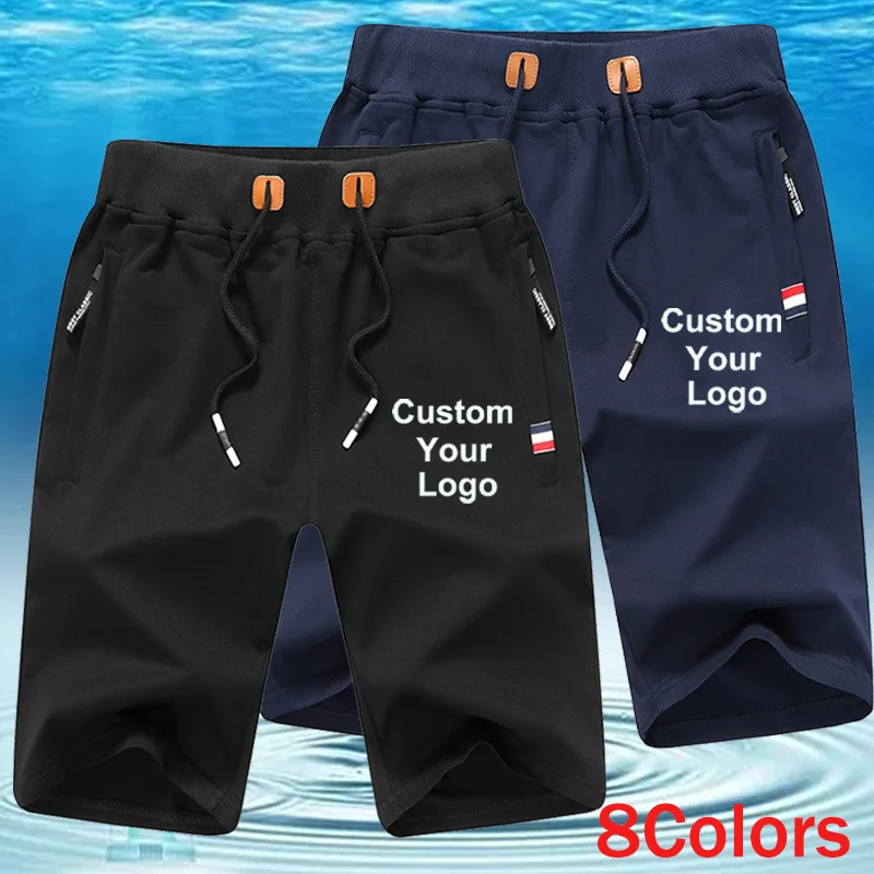 Mens Custom Your Logo Casual Summer Sports Jogger Drawstring Shorts Solid Color Zipper Pocket Pants Beach Short Pants