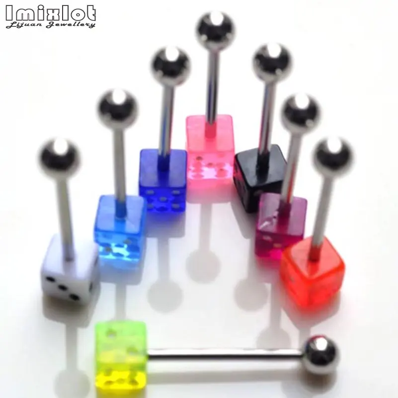 Imixlot 10pcs Stainless Steel Tongue Rings Women Colorful Acrylic Dice Barbell Bar Piercing Tongue Body Piercing Jewelry