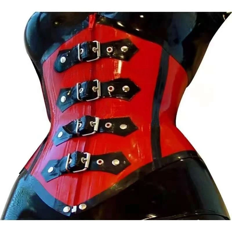 0.8mm Red Latex Corset Red‑Black Rubber Waist Trainer Cincher with 4 Black Strap Metal Buckles Top