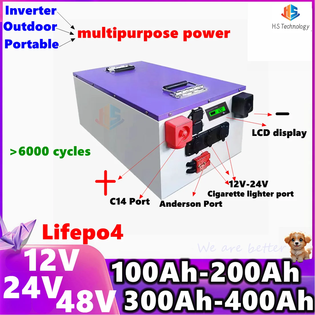 HS 12V 24V 48V 100Ah 200Ah 300Ah 400Ah Lifepo4 Battery For Solar Inverter Motorhome Outdoor Back Up Power Supply