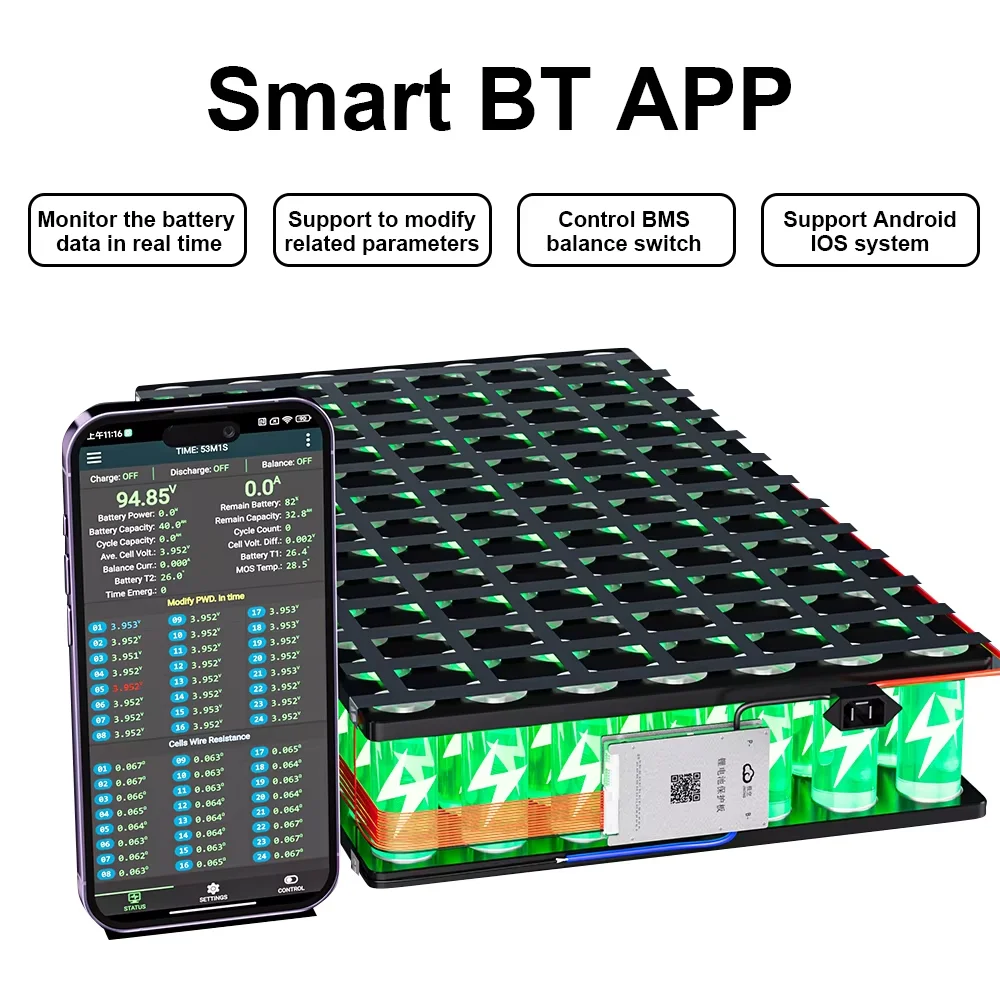 Ji kong Smart BMS 3S-8S 200A 2A Active Balance Built-in Bluetooth APP LCD Display 12V 24V Energy Transfer Li-ion/LiFePO4 Battery