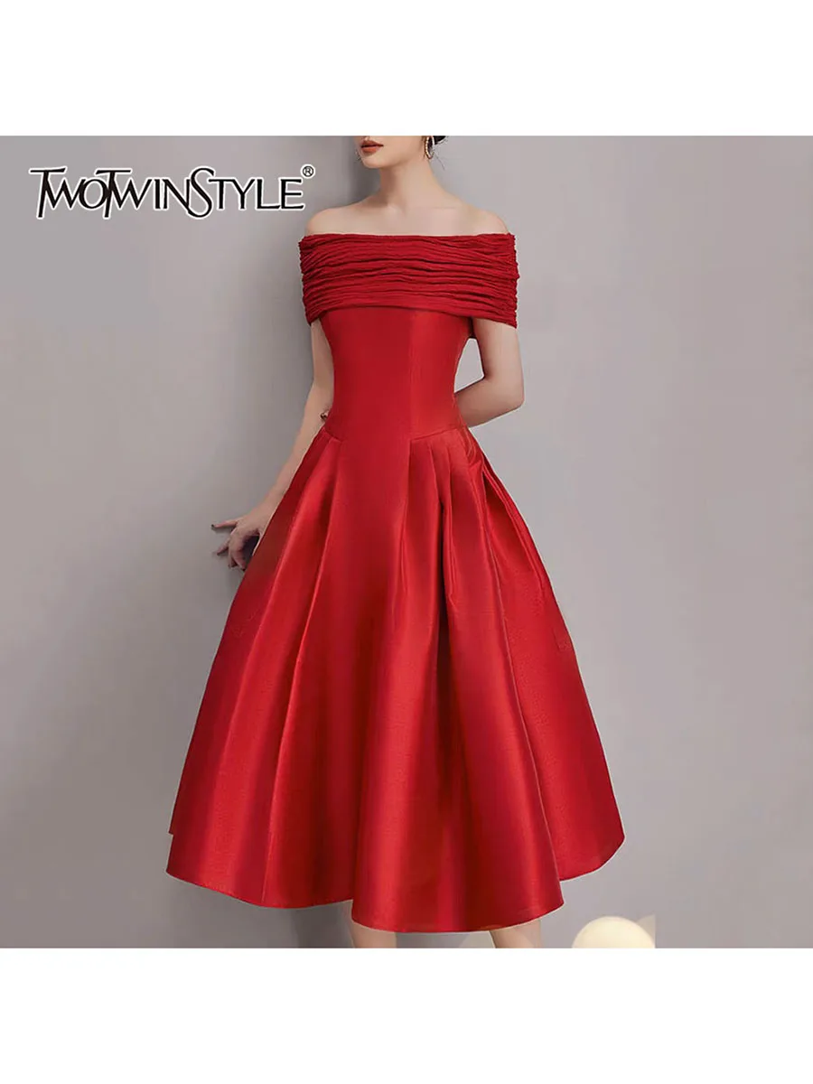 

TWOTWINSTYLE Slimming Spliced Folds Temperament Dresses for Women Slash Neck Short Sleeves High Waist Evening Dress Female New