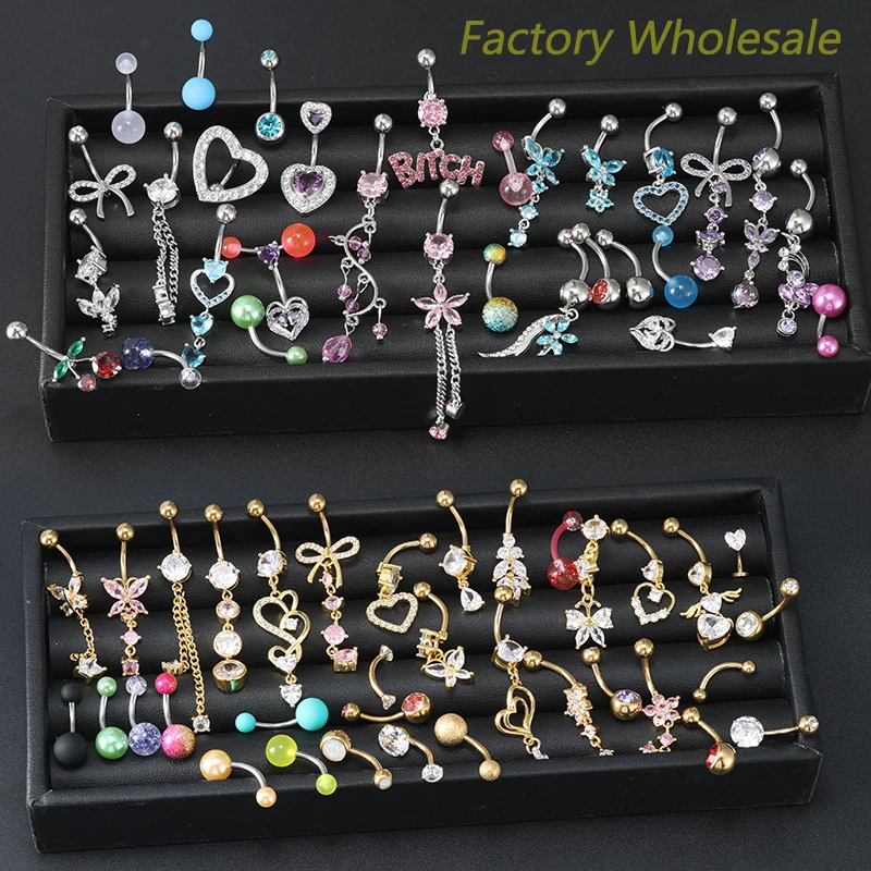 

50Pcs/lot Random Mixed Piercing Jewelry Gold Silver Color Stainless Steel Zircon Belly Ring Eyebrow Nose Stud Bulk Pack