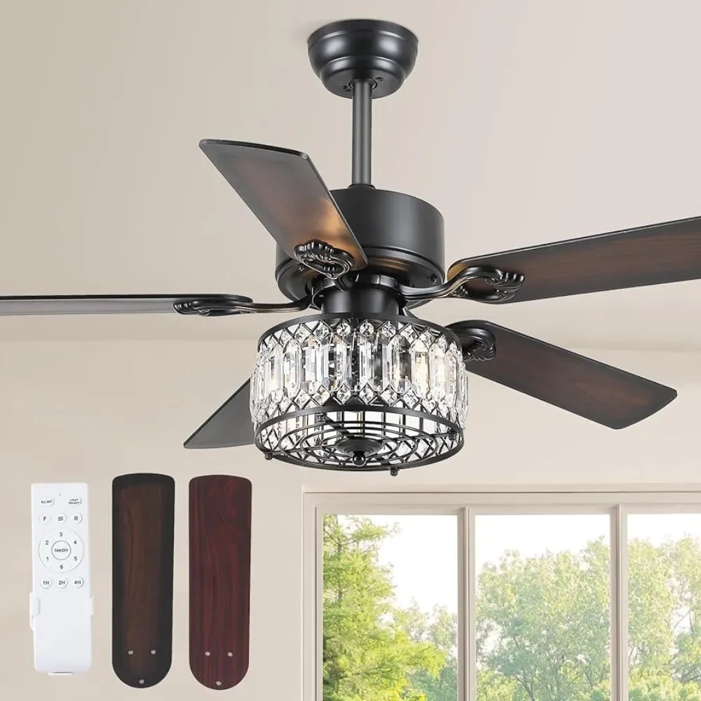 Crystal ceiling fan with lights and remote control, 48 inch modern farmhouse ceiling fan, bedroom and living room ceiling fan