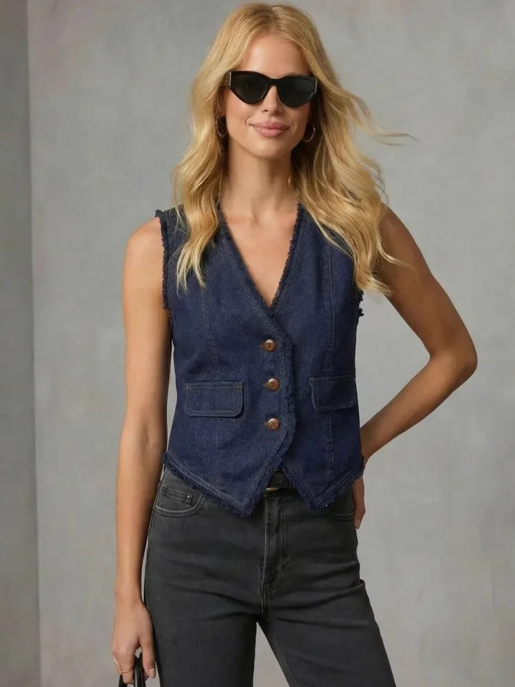 

2026 Women's Short Vest Summer Fashion Dark Blue Denim Vest Top Lady Casual Cropped Sleeveless Jacket Streetwear New Waistcoats