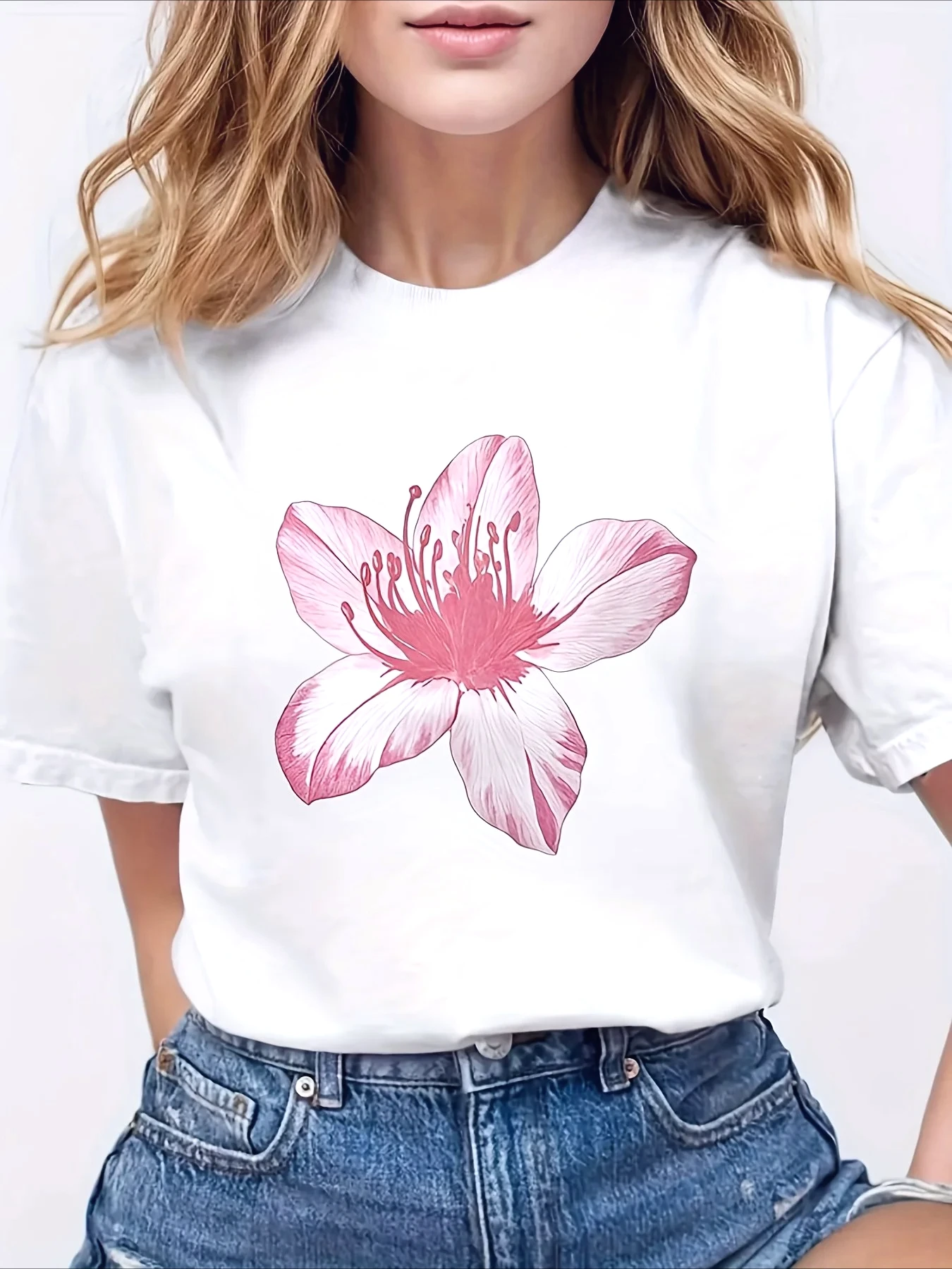 Aesthetics Flower T-Shirt Spring Flower Watercolor Painting Woman Clothing Blooming Harajuku Short Sleeve Casual Y2k Cheap Tops