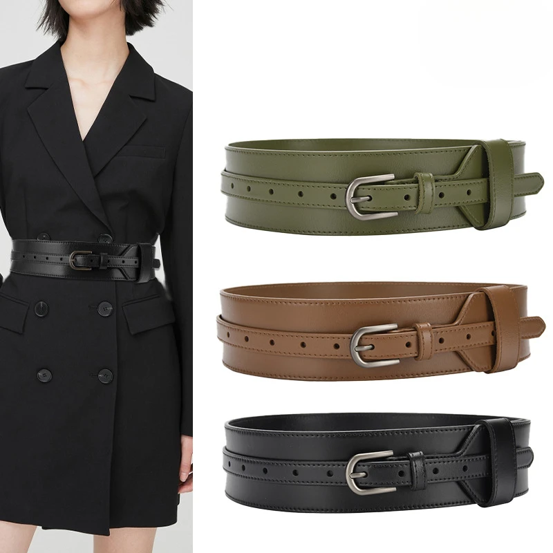 

Western Leather Wide Pin Buckle Women Waistband Belt Fashion Ins Dress Coat Sweater Cummerbund for Ladies