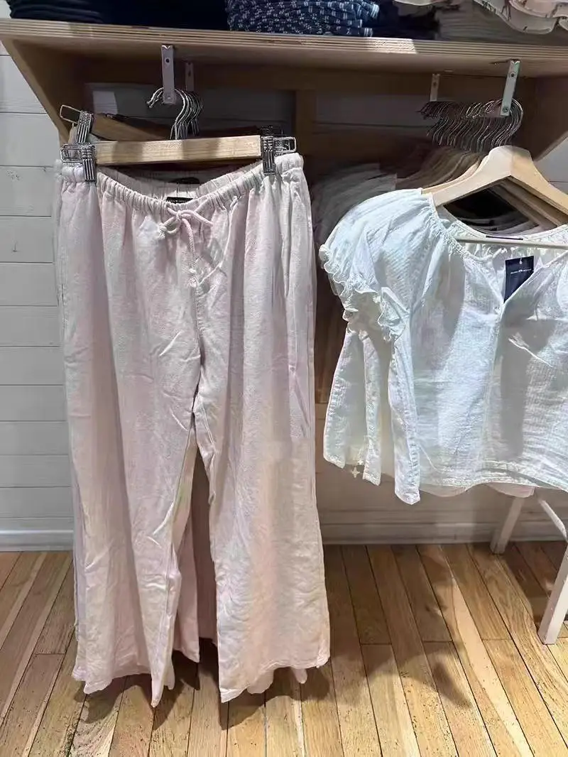 بنطلون نسائي واسع الساق بخصر مرتفع على الطراز الأمريكي، مصنوع من القطن الخالص مع حزام، تصميم فضفاض ومريح من براندي بي إم