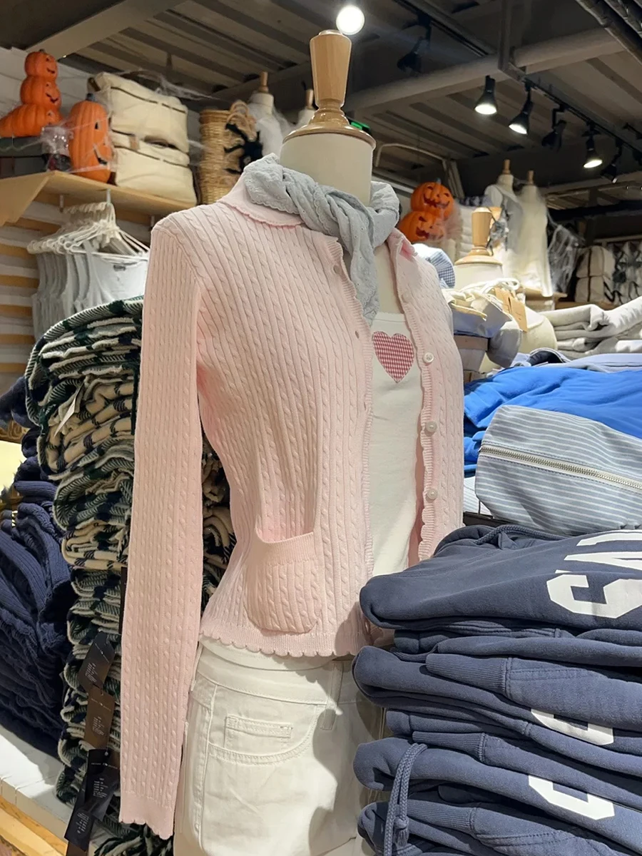 Bolsos torção flor rosa cardigan feminino outono peter pan colarinho único breasted algodão fino camisola bonito doce malha colheita topo