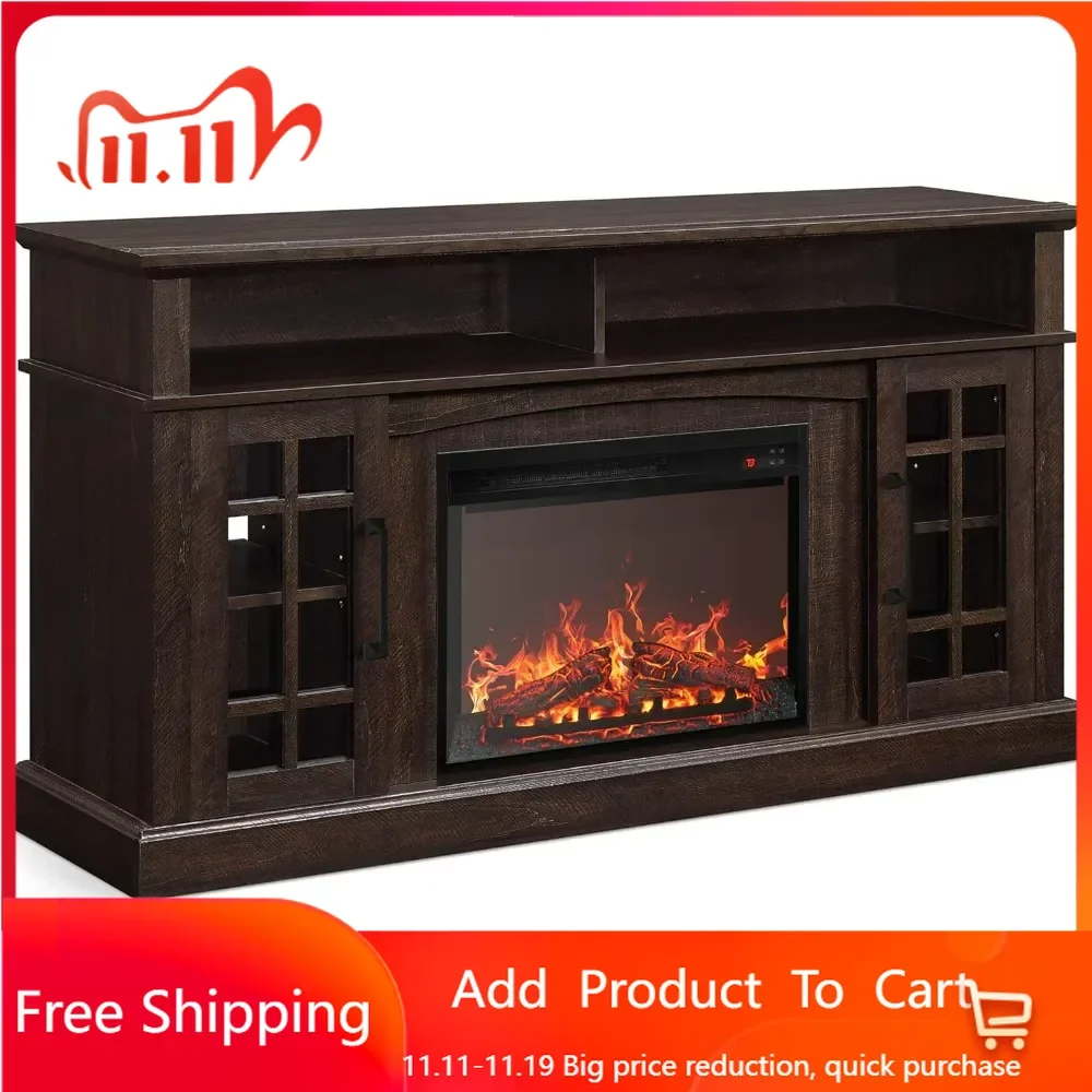 Traditional  Rustic TV Stand with  Electric Fireplace Heater with Sound, Media Entertainment Center Console Table