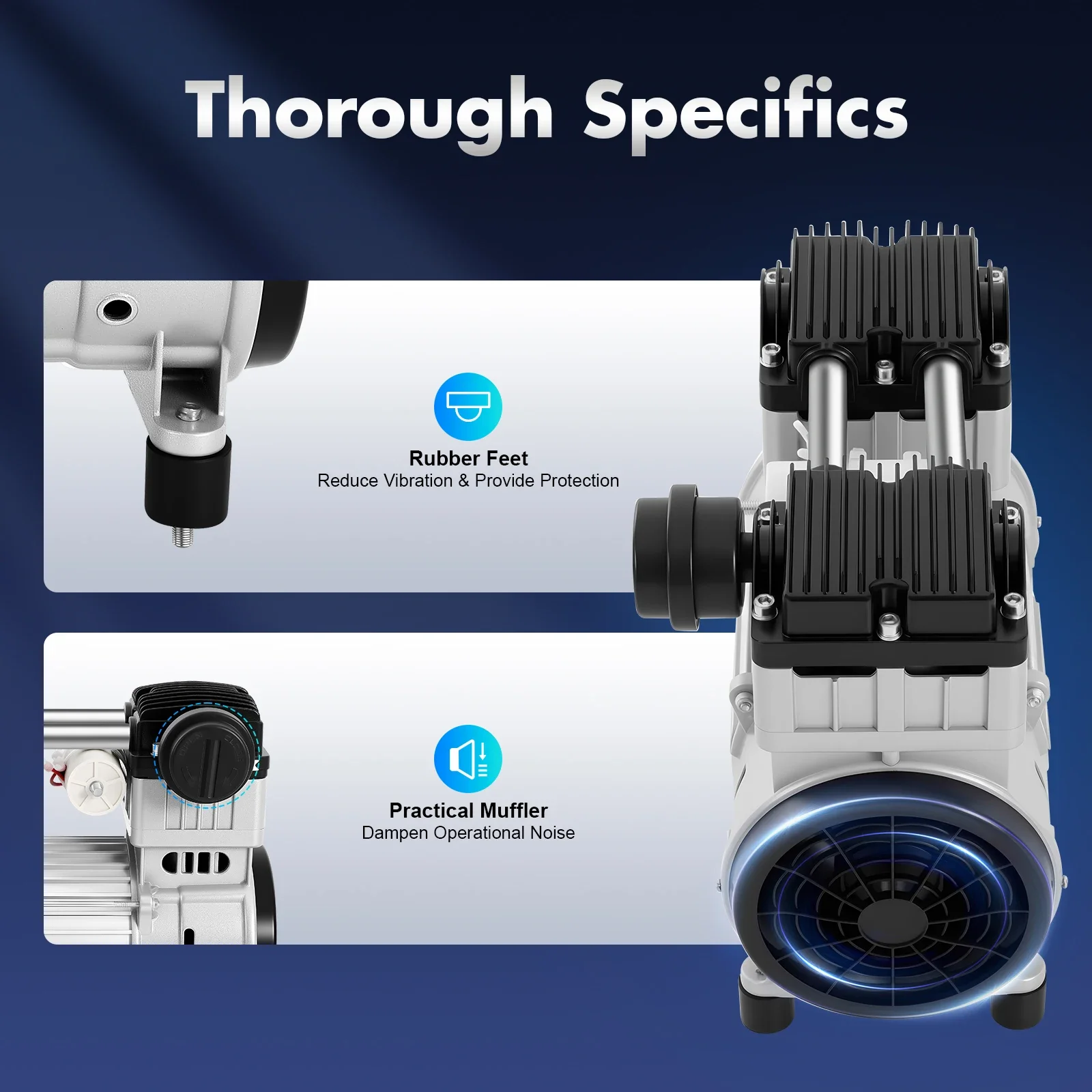 7CFM stille luchtcompressorkop voor industrieel gebruik, 1100 W olievrije vacuümpomp, kleine membraanmutepomp 200 l / min, 116 PSI