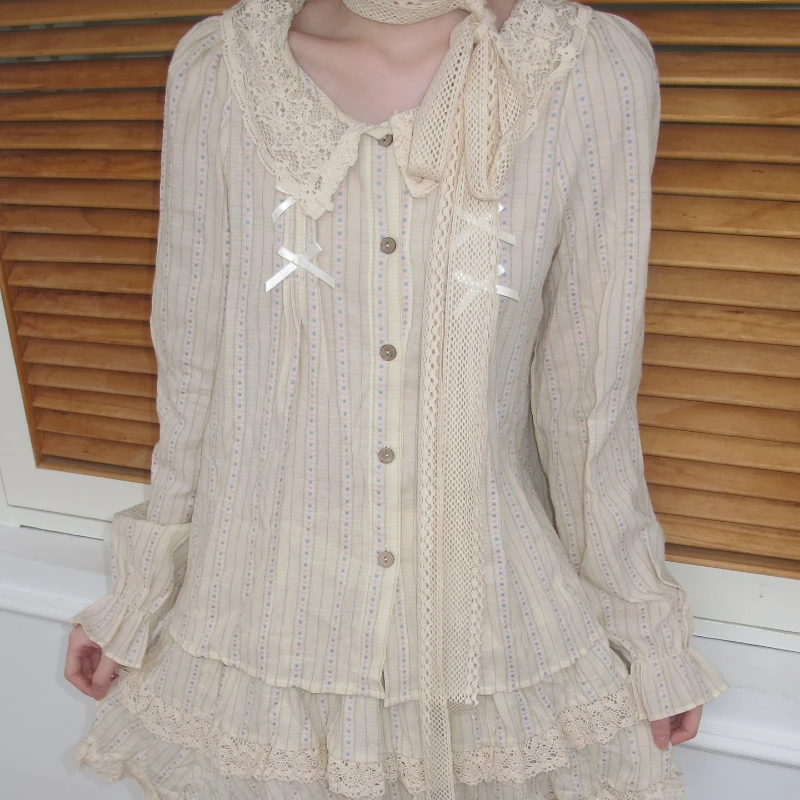 American Retro Apricot Sweet Bow Doll Collar Women's Top Autumn New Loose Slimming Versatile Temperament Short Skirt Set Ladies