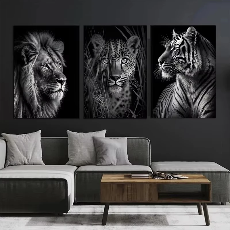 أبيض وأسود الحيوانات البرية المشارك ليوبارد الأسد النمر طباعة قماش جدار الفن اللوحة الحديثة صورة للمنزل ديكور غرفة نوم #3