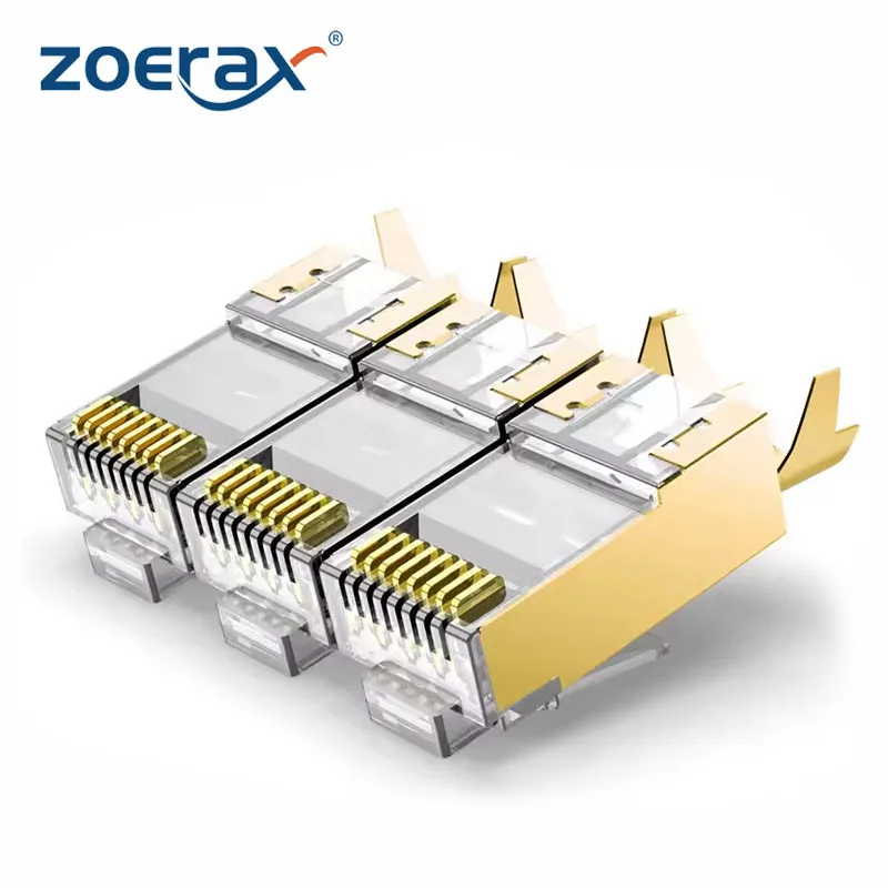 ZoeRax 10PCS CAT6A/CAT7 Shielded Connector, Non-Pass Through RJ45 Ethernet Ends 50u Gold Plated 8P8C Modular Plugs FTP/STP Cable