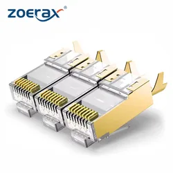 Złącze ekranowane ZoeRax 10 szt. CAT6A/CAT7, bez przejścia przez RJ45 Ethernet końcówki 50u pozłacane 8P 8C wtyczki modułowe kabel FTP/STP