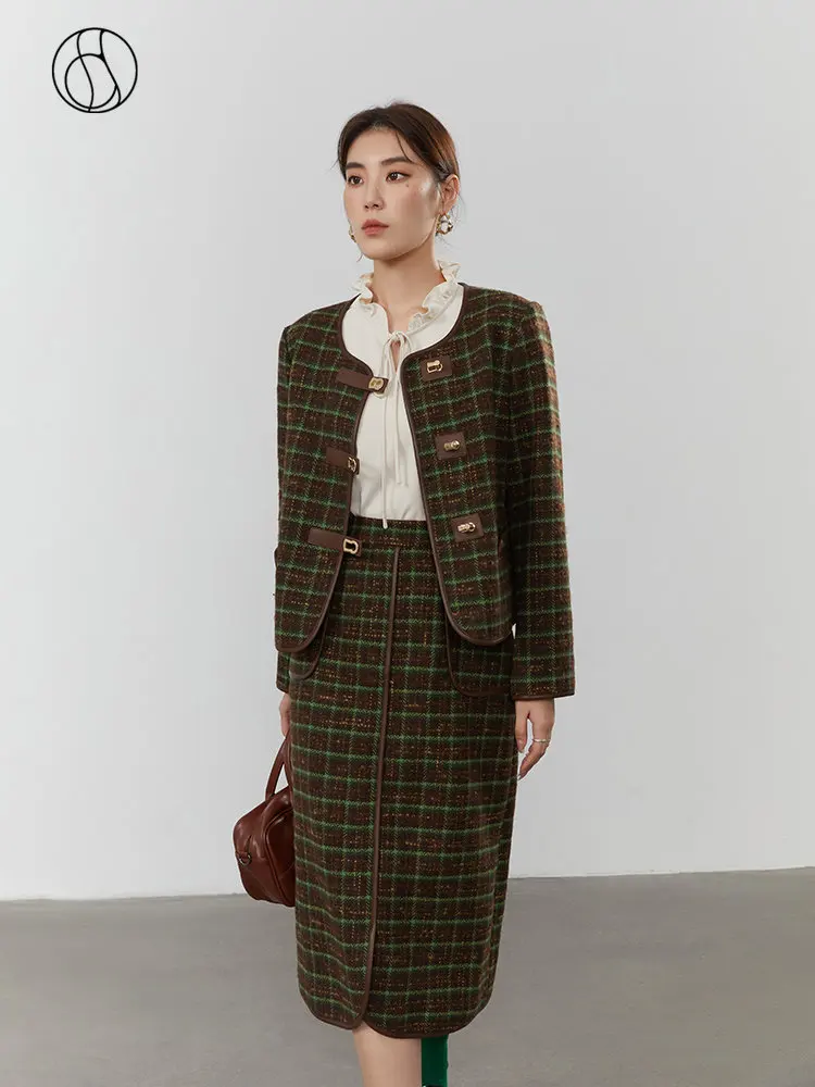 DUSHU Plaid Fragrance Women Skirts Sets Leather Stitching Short Wool Coat Long Skirt Suit Retro Green Plaid Women Winter Jackets