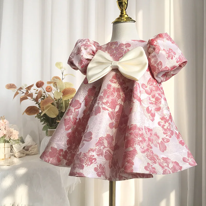 

Baby Girls Cute Bow Design Birthday Baptism Princess Gown Children Fashion Satin Puff Sleeve Wedding Party Dress g13