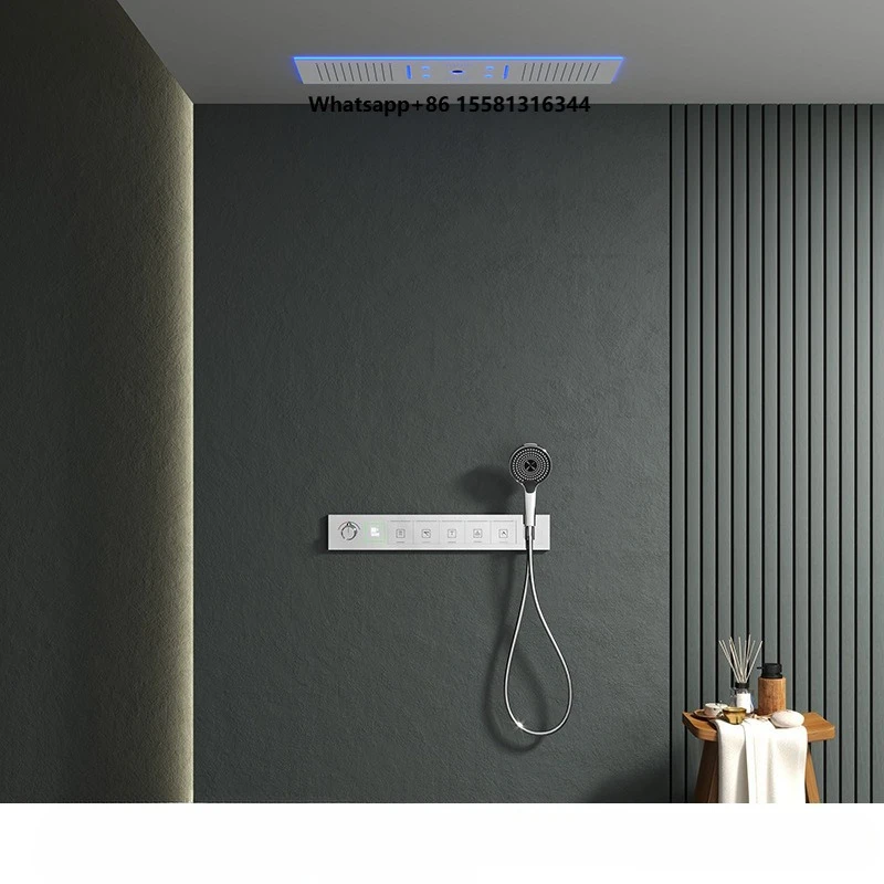 Bathroom All-copper Thermostatic Concealed Shower Set Brushed Finish Hot-melt Embedded Wall Mount Waterfall Smart Apartment