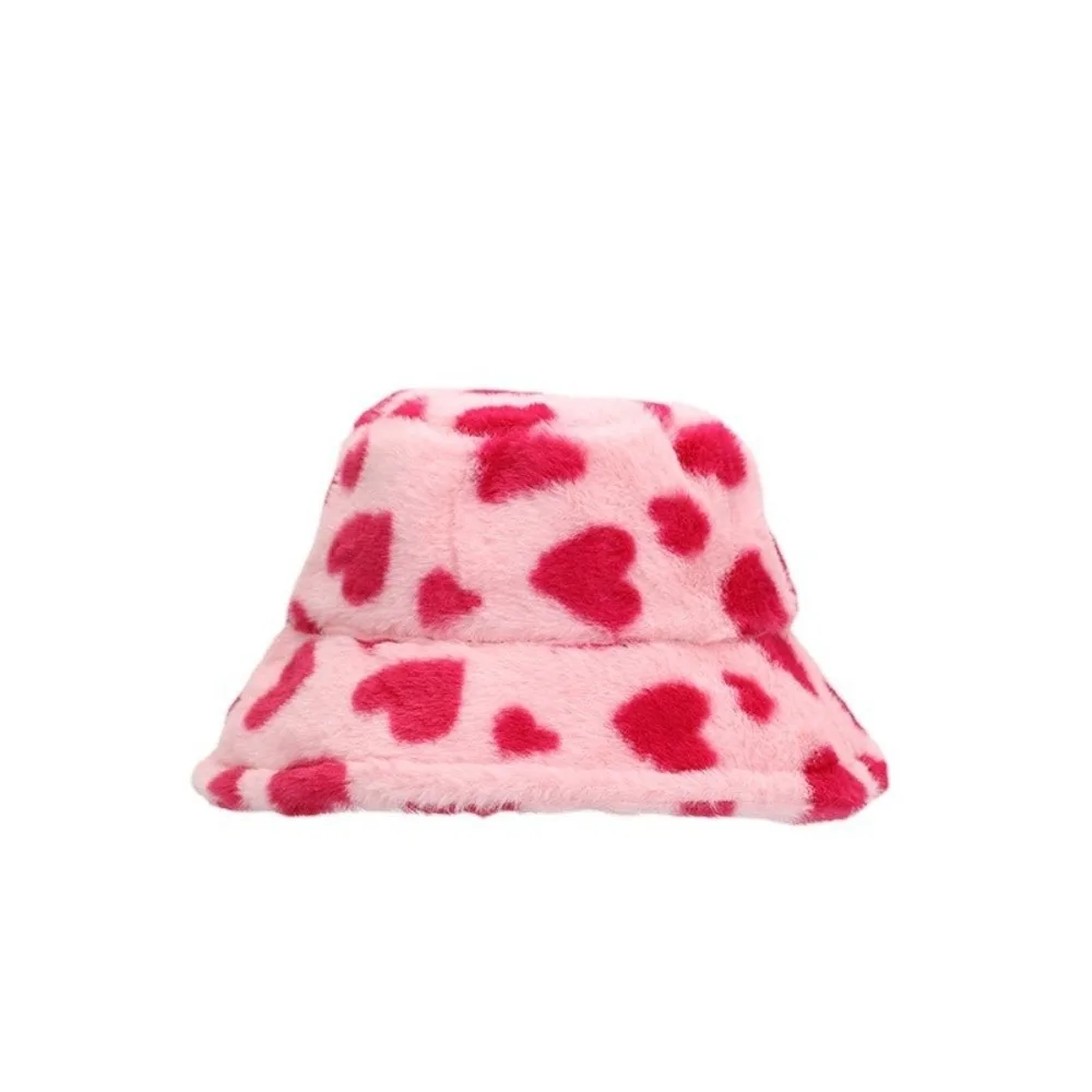 

Cute Faux Fur Fisherman Hat Thicken Fluffy Love Heart Bucket Hat Coldproof Wide Brim Winter Hat Outdoor
