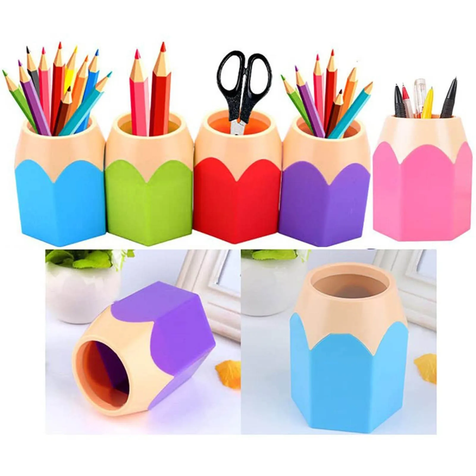Colorful Pen Holder Cute Pencil Head Shape Pencil Storage Box Student Stationery Supplies Household Makeup Brush Organizer Box