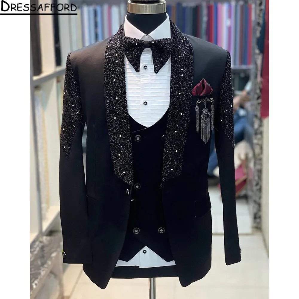 Black Groom Wear Diamonds Beading Formal Men Suits 2 Piece Jacket And Pants Sets Smart Casual Business Blazer