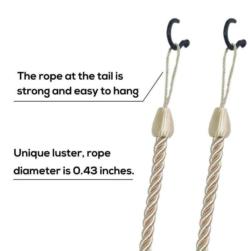 Curtain Tiebacks Ropes 4 Pack, Curtain Holdbacks With 4 Metal Screw Hooks, Holders Cord For Thin Or Thick Window Drapes