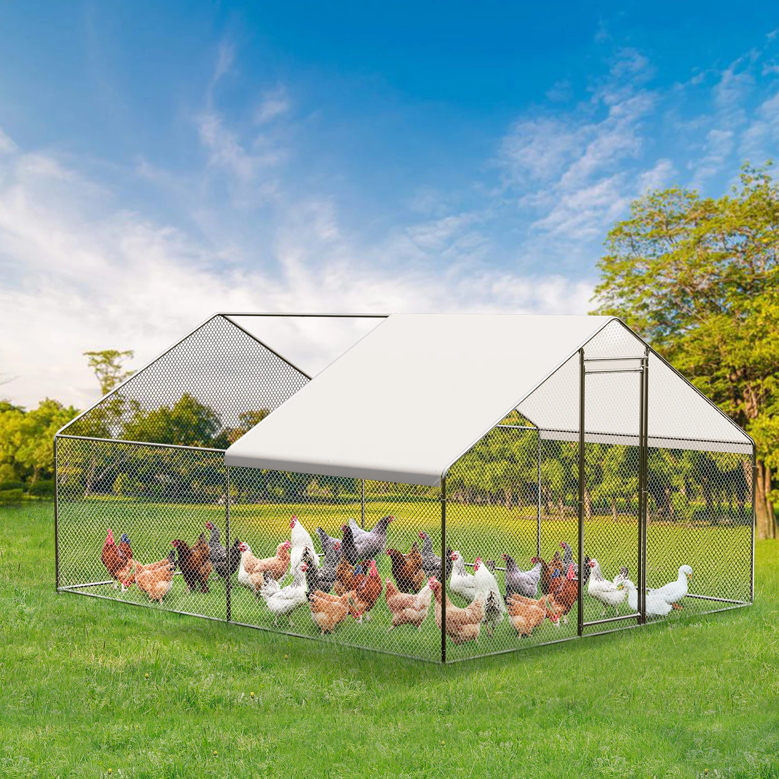 Metal Chicken Coop, Large Heavy Duty Wire Mesh Chicken Run with Cover, Walk-In Poultry Cage Chicken Pen for Farm Yard Outdoor Duck Rabbit House Cage