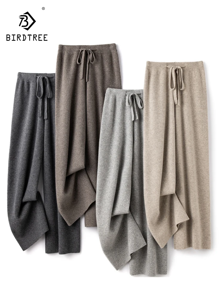 Birdtree 35% Cashmere 65% Wool Wide Leg Pants Autumn/Winter 2025 New Straight Casual Drawstring Knit Long Floor Pants B39332QC