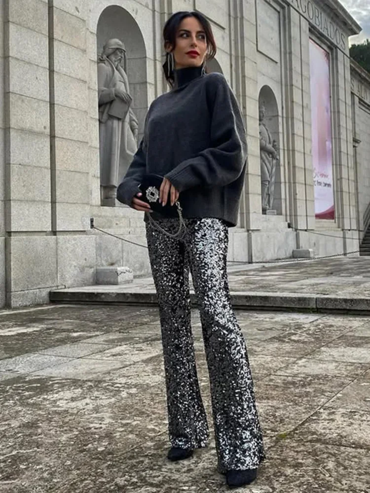 

Fashion Sequins Women's Pants High Waist Glitter Slim Loose Straight Leg Casual Pant Female 2025 Spring New Lady Long Trousers