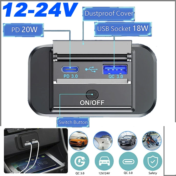 12/24V QC3.0 PD Car Charger Socket Quick Charge Dual USB with ON/OFF Outlet Panel Adapter for Truck Camper Caravan Accessories