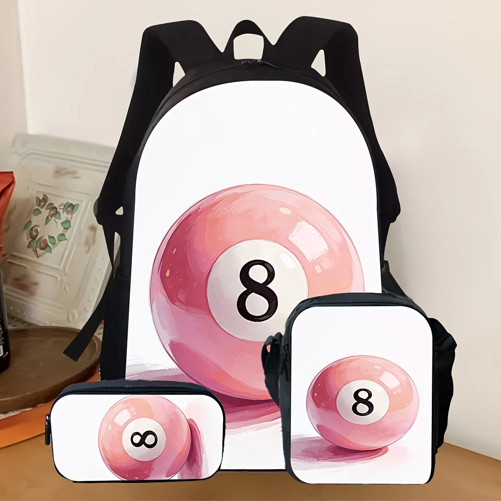 

3pcs Keepdo Billiard-Themed Backpack & Bag Set with Tablet/Laptop Compartment, Pink Number 8 Ball Print Bookbag, Pencil Case & C