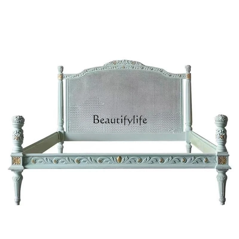 

American Country Style Antique Solid Wood Rattan Bed 1.8m French Home Simple 1.5m Master Bedroom Double Bed