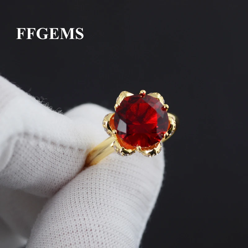 

FFGems Big Round Gemstone Simple Flower Lady Ring Gold Color Red Green Amethyst White Women Fine Jewelry Party Wedding Gift