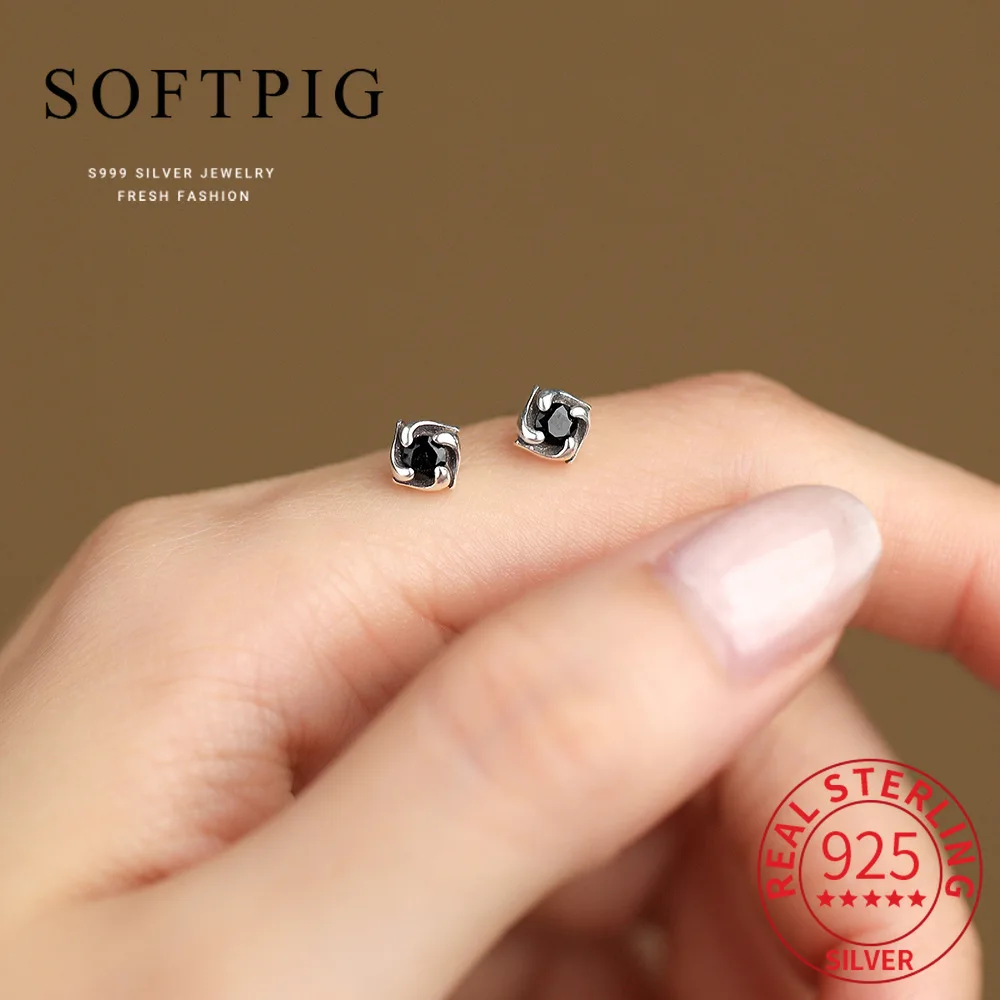 

SOFTPIG Real 925 Sterling Silver Black Zircon Spiral Windmill Stud Earrings For Women Cute Fine Jewelry Light luxury Accessories