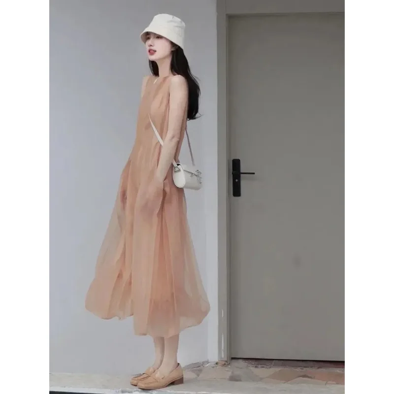 Women's Summer French Style Hepburn Vibe Sleeveless Organza Midi Dress Elegant A-line Flowy Maxi Sundress