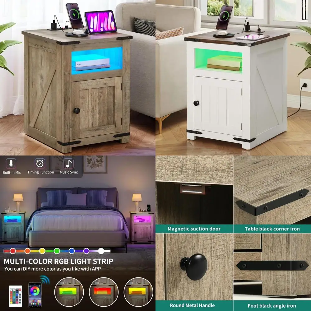 

Тумбочка dwvo для фермерского дома с USB-зарядной станцией и светодиодной подсветкой, регулируемые стеллажи для хранения для спальни/гостиной, старый дуб