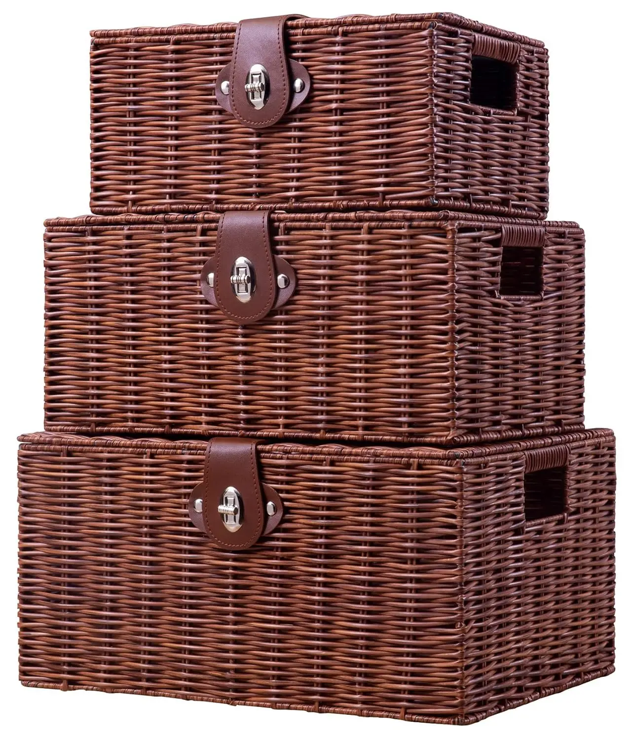 

3-Piece Woven Storage Baskets with Lids, Handles & Lock, Multifunctional Organizer for Home, Nursery, Toys