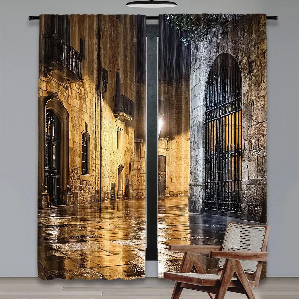 2Pcs Gothic Curtains Gothic Stone Quarter Of Barcelona Spain Renaissance Heritage Night Street Photo Living Room Bedroom Window