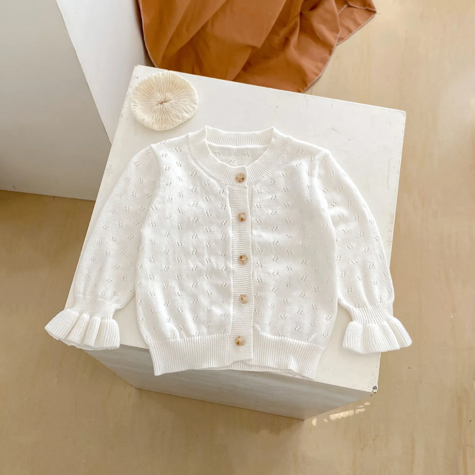 Summer Baby Girl New Sweet Solid Color Sunscreen Cardigan Horn Cuff Hollow Knitted Air Conditioning Shirt Versatile Small Coat