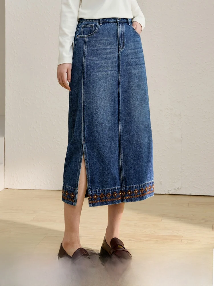 

Ele Embroidered Denim A-Line Skirt High Slit Midi Spring New Sle plus Size Women's Faion Commute Vintage Skirts
