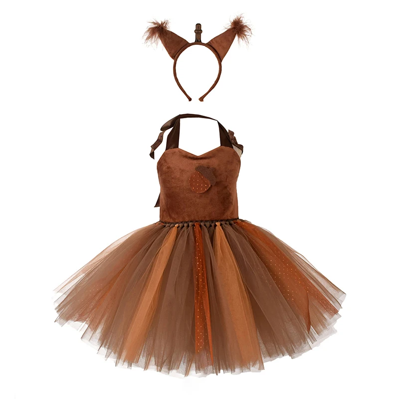 여아 다람쥐 코스프레 코스튬 민소매 레이스 얇은 명주 그물 패치워크 A 라인 공주 원피스 머리띠 세트, 파티용