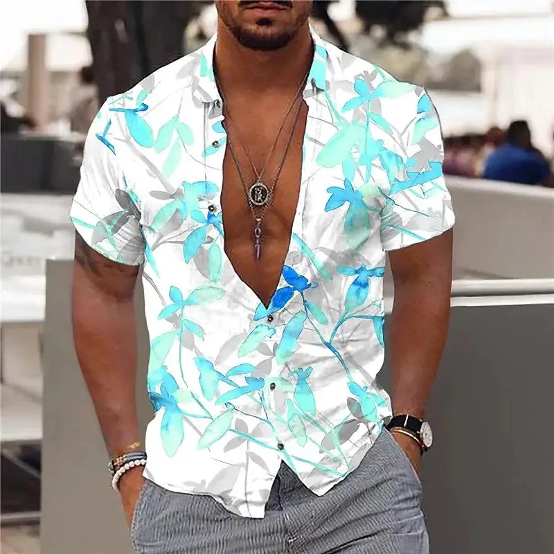 Camisas hawaianas con estampado de hojas de arce para hombre, camisas con cuello en V, Tops de manga corta con botones, ropa de calle, ropa de tendencia para hombre, verano, nuevo