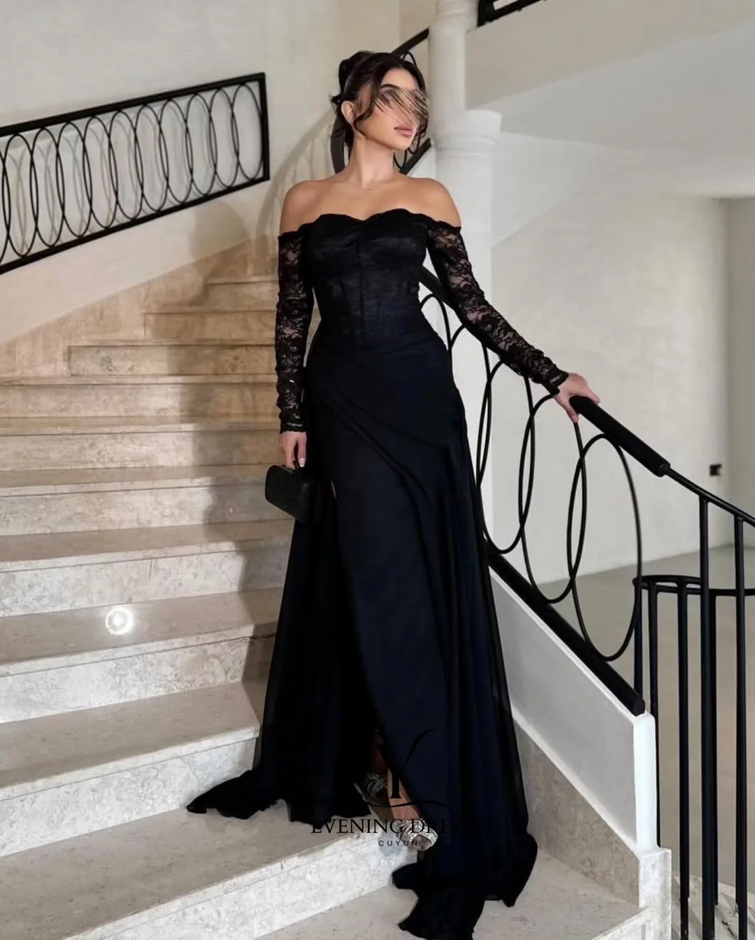 CUYUN 3/4 الدانتيل الأكمام ثوب مسائي مع شق فساتين المناسبات الرسمية السعودية مخصصة الكويت دبي فستان حفلات طويل فساتين مأدبة #4