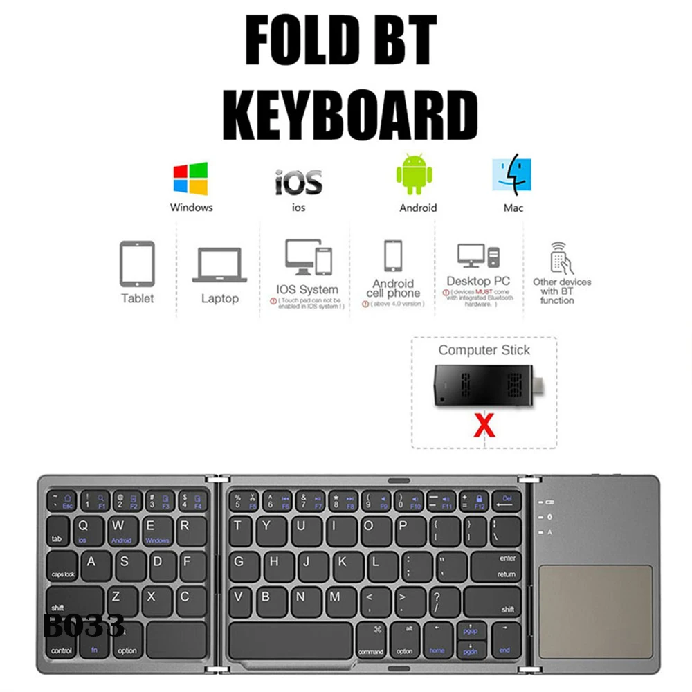 B033 Mini Wireless Keyboard With Touchpad BT Office Portable Magnetic Triple Folding Keyboard For Windows Android IOS iPad Phone